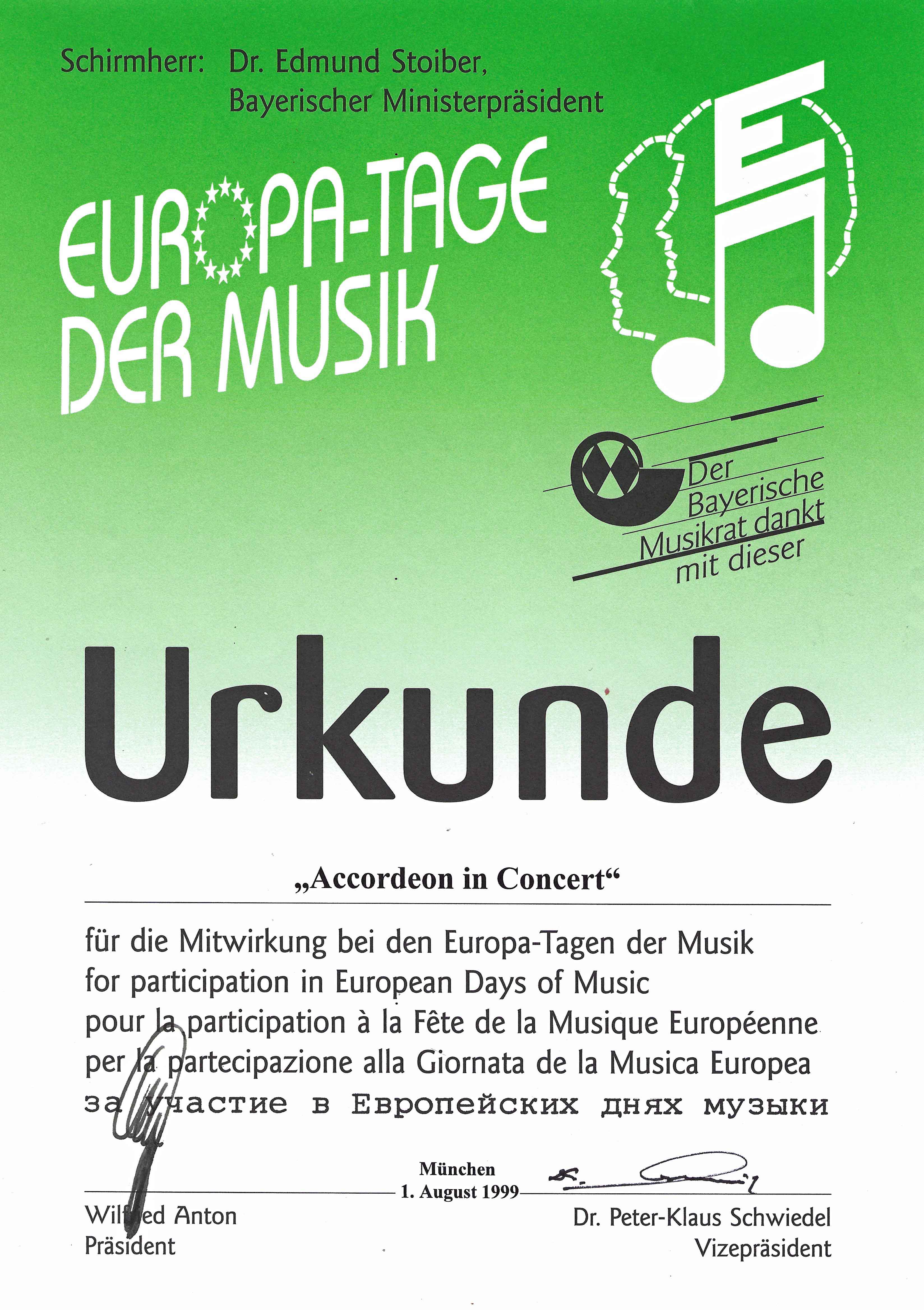 1999 08 01 Urkunde für Teilnahme an den Europatagen der Musik verbessert